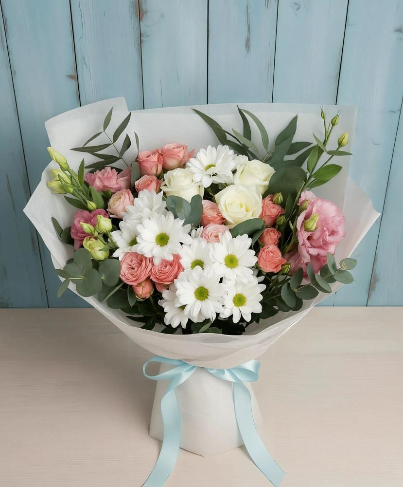 Букет цветов из: Розы, Лизиантусы и Хризантемы в Рудне Смоленской области