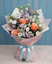 Букет цветов из:  Лизиантусы, Розы, Альстромерии и Гипсофила в Рудне Смоленской области