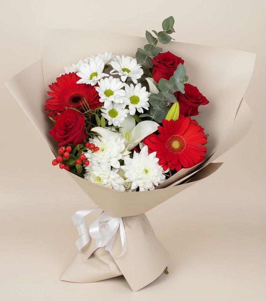 Букет цветов из: Розы, Хризантемы, Герберы и Лилии в Рудне Смоленской области