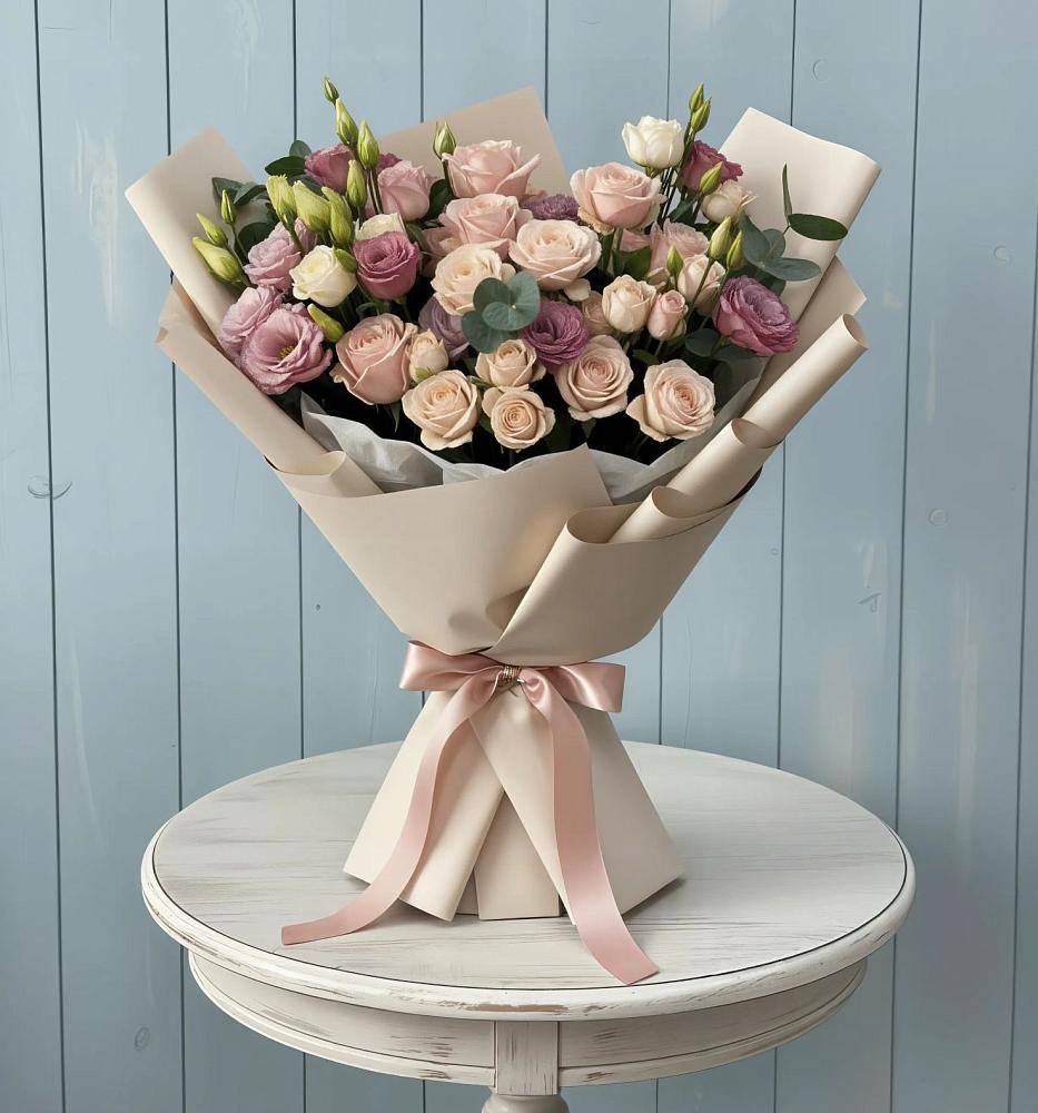 Букет цветов из: Розы и Лизиантусы в Рудне Смоленской области