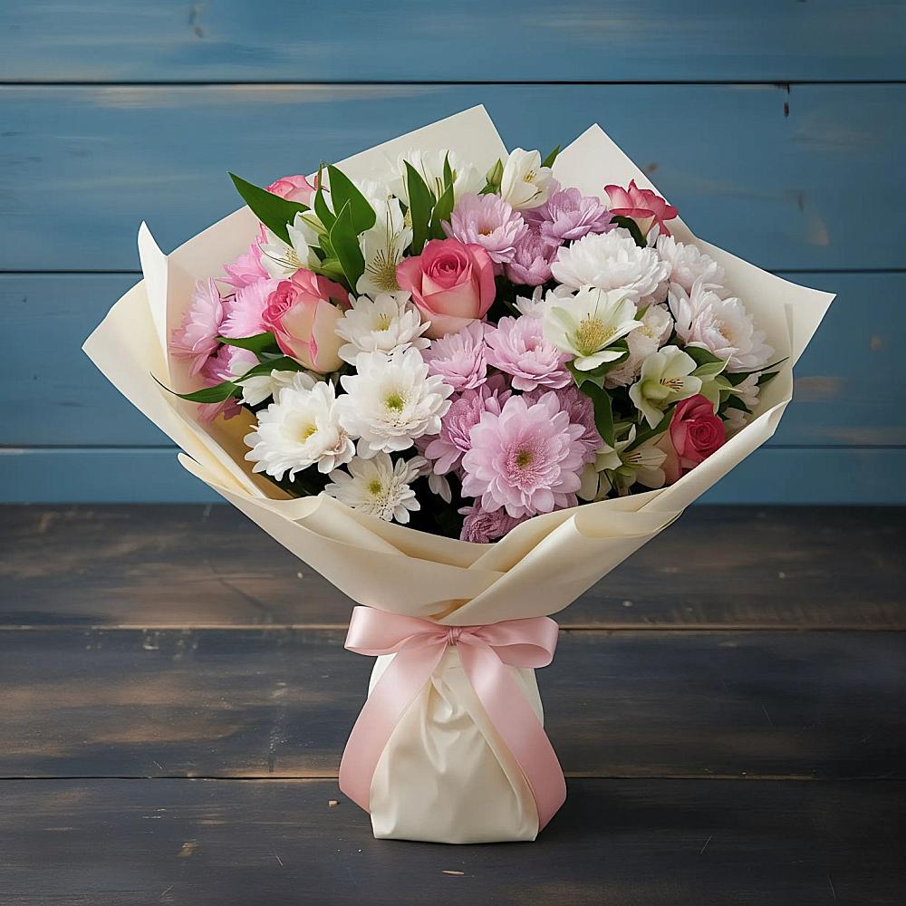 Букет цветов из: Хризантемы, Альстромерии и Розы в Рудне Смоленской области